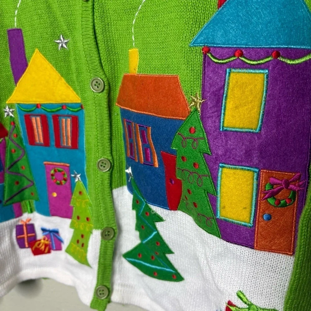 Tiara International Festive Green Cardigan with Colorful House Design Size Small - Picture 3 of 6